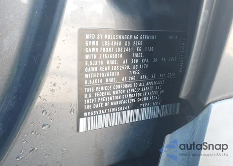 2014 Volkswagen Tiguan S из США, поврежденный, VIN WVGBV3AX1EW550847